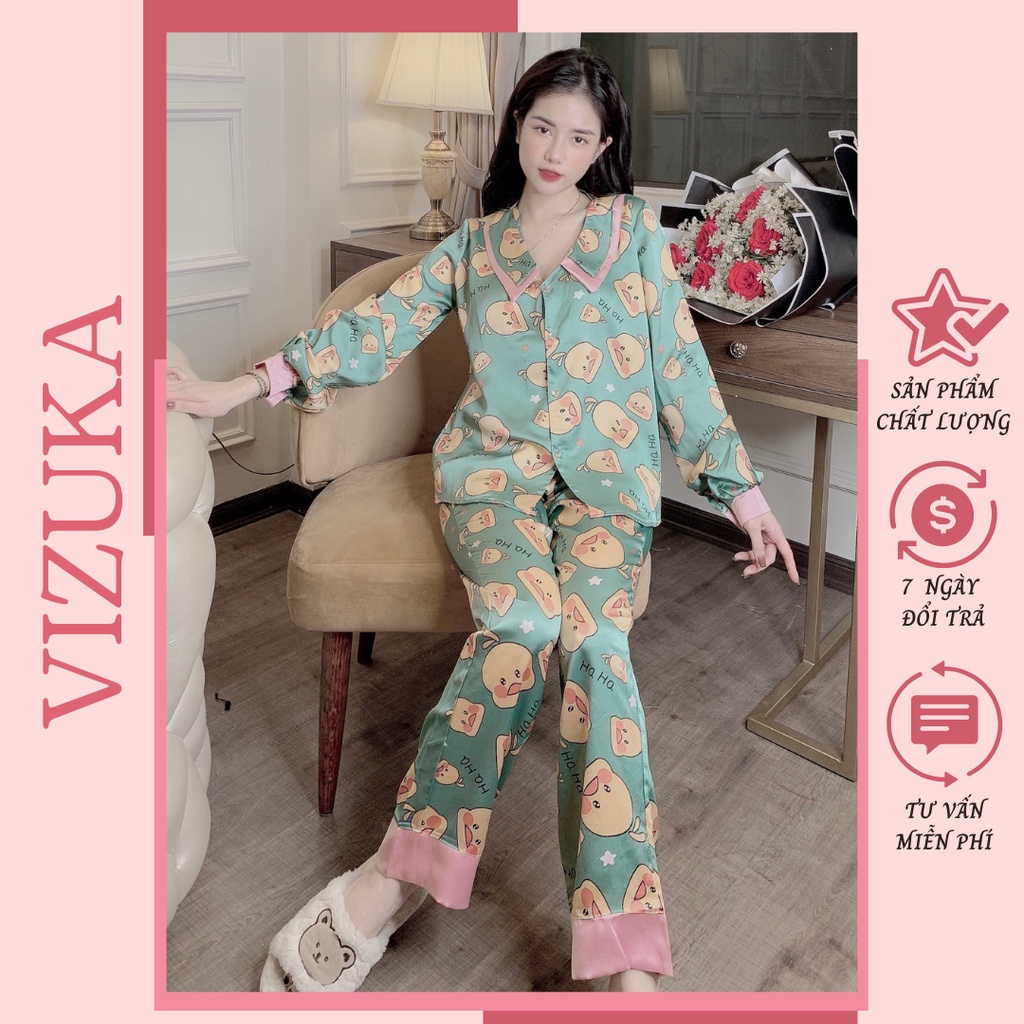 Đồ bộ pijama nữ tay dài họa tiết mặc nhà lụa hàng chuẩn đẹp VIZUKA