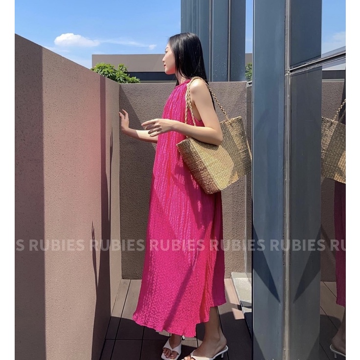 Đầm maxi hồng chất xốp kèm hoa gài (Hàng Loại 1) Váy Maxi 2 Dây Đi Biển Xinh