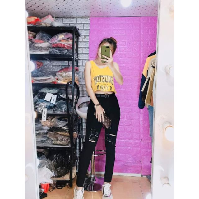 [Mã FATHANG5 giảm 10K đơn 50K] Quần jeans ôm cạp cao đen rách [ ảnh thật]