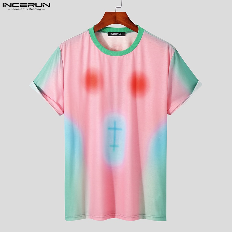 INCERUN Áo Thun Tay Ngắn Cổ Tròn In Màu Nhuộm Thời Trang Mùa Hè Cho Nam