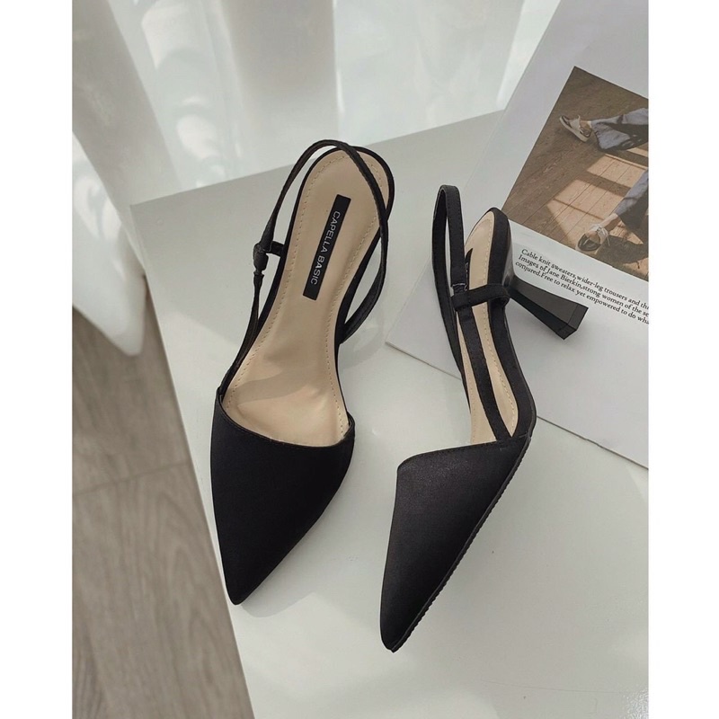 Giày cao gót hở eo slingback xinh lụa satin quai sang choảnh, duyên dáng