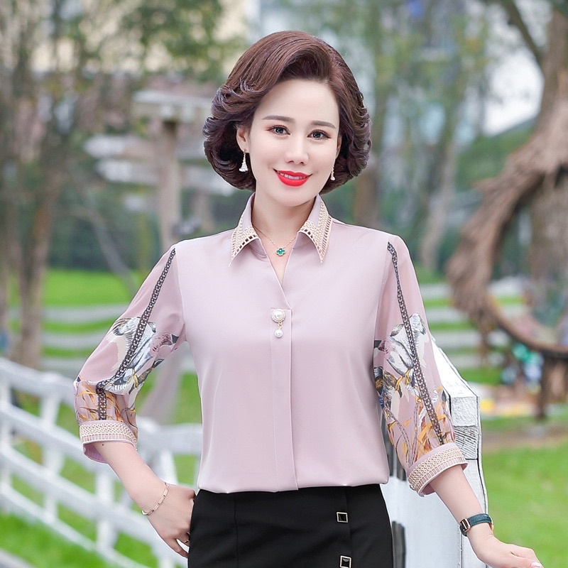 áo sơ mi lụa Quảng Châu cao cấp cho trung niên nữ tay phối họa tiết phong cách sang trọng thanh lịch món quà tặng mẹ
