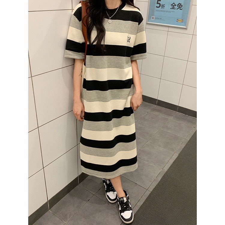Váy suông Maxi kẻ Hàn Quốc cotton dày dặn, co giãn 4 chiều - Hàng có sẵn - Xưởng may Lộc Vân