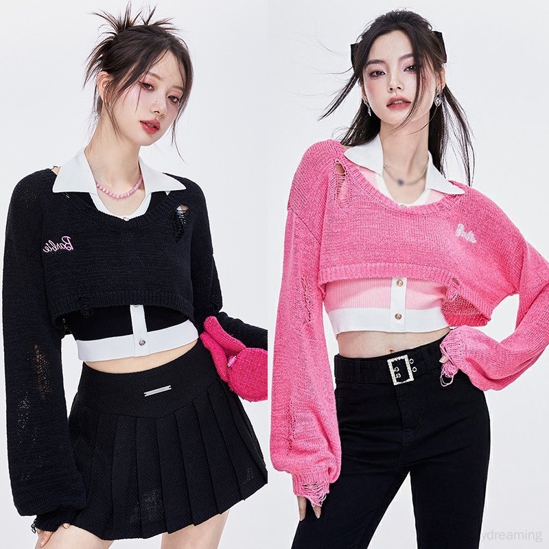 Áo Croptop Dệt Kim Cổ Tròn Dáng Ôm Màu Tương Phản Thời Trang Cho Nữ