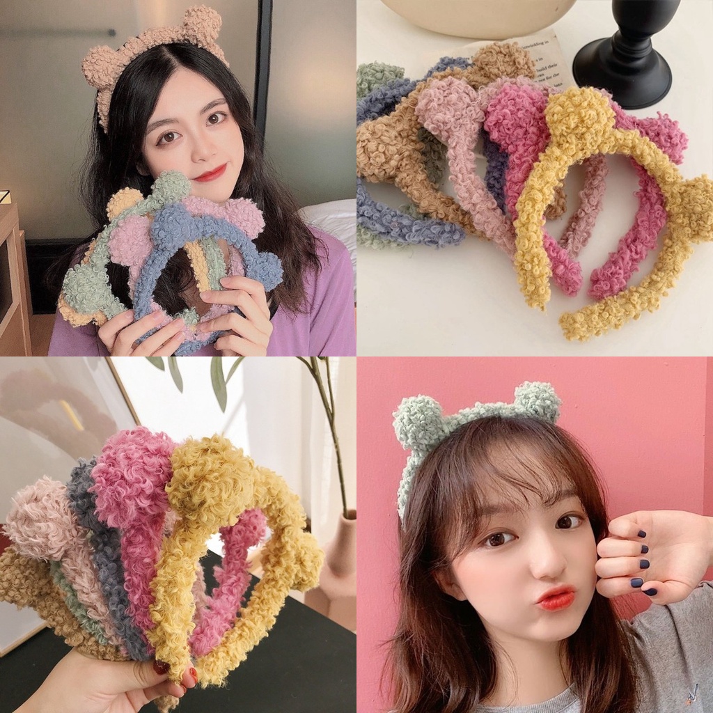 Băng đô cài tóc hình tai gấu bằng bông phong cách Hàn Quốc