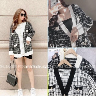 Áo cardigan len nữ dáng dài kẻ caro đen trắng ulzzang Hàn Quốc cá tính ( Ảnh thật/video)