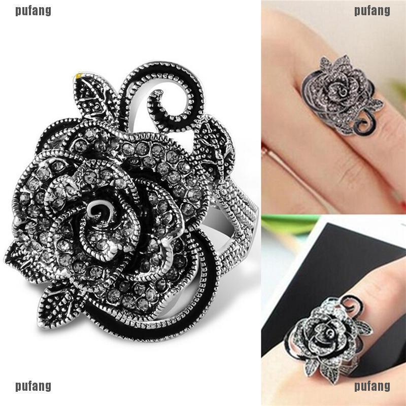 Nhẫn Hình Hoa Hồng Đính Pha Lê Đen Phong Cách Retro Cho Nữ pufang MQ3 sg