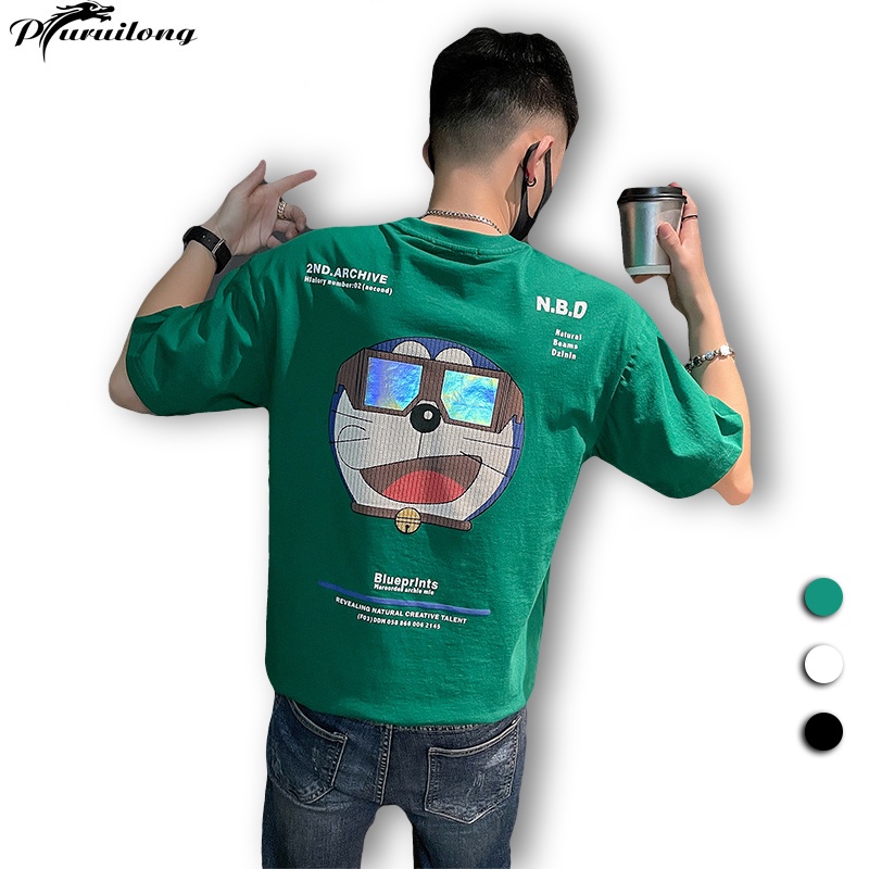 Áo thun PURUILONG cotton ngắn tay họa tiết Doraemon cá tính kiểu Hàn Quốc cho nam