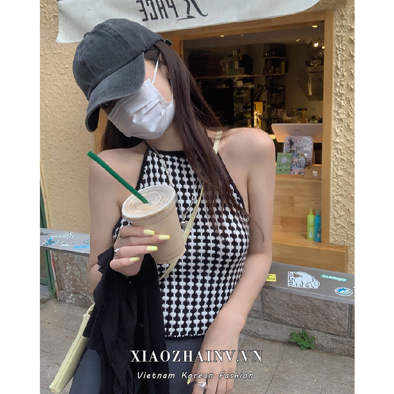 Xiaozhainv Áo Croptop Hai Dây Họa Tiết Sọc Caro Trắng Đen Phong Cách Mùa Hè Năng Động Hợp Thời Trang Dành Cho Nữ | BigBuy360 - bigbuy360.vn