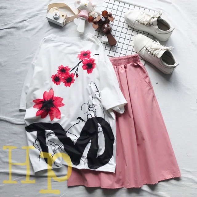 Sét áo hoa TVD+ chân váy hồng THN859