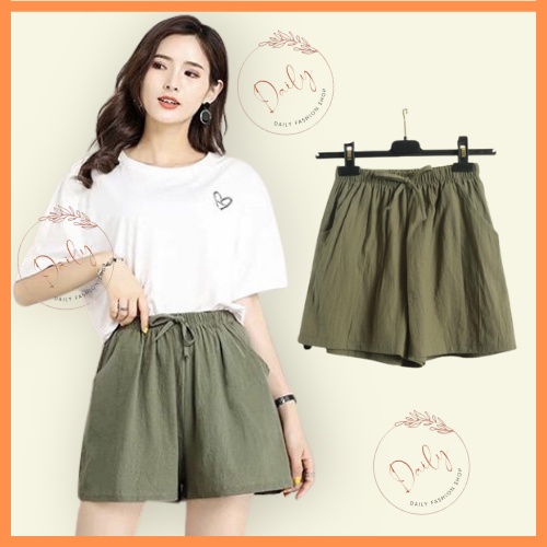 Quần Short Đũi Nữ Cạp Chun Ống Rộng Lưng Cao Chất Đũi Mềm Nhẹ Mát Mẻ 3 Màu Đen, Be, Rêu