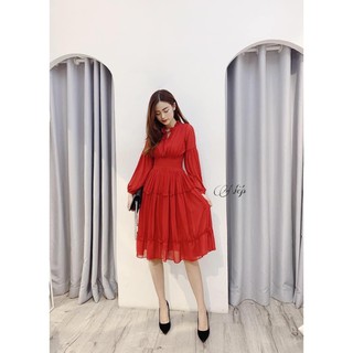 Đầm Voan Nhấn Eo Tay Bồng Dài Tiểu Thư