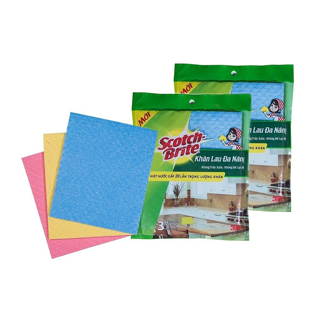 Khăn Lau Đa Năng 3M Scotch Brite Gói 3-Lau Mọi Bề Mặt,Thấm Hút Gấp 20 Lần 18x20cm