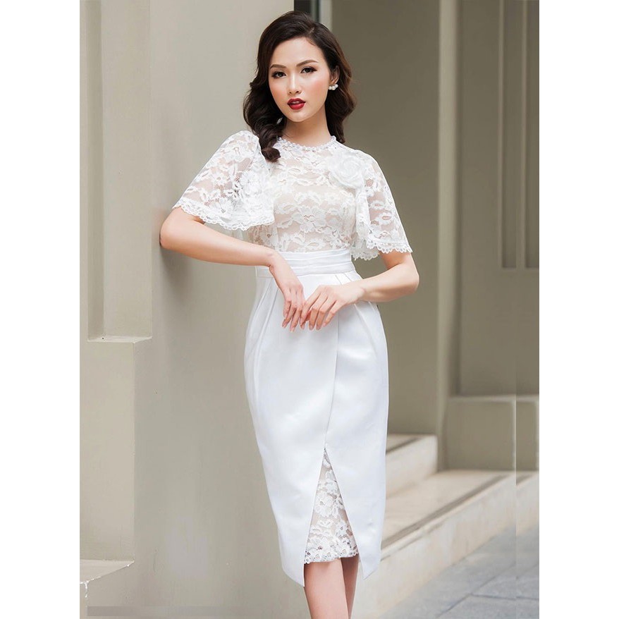Đầm thun ôm thiết kế cao cấp phối ren tay ngắn đi tiệc - sinh nhật - đi làm đều sang