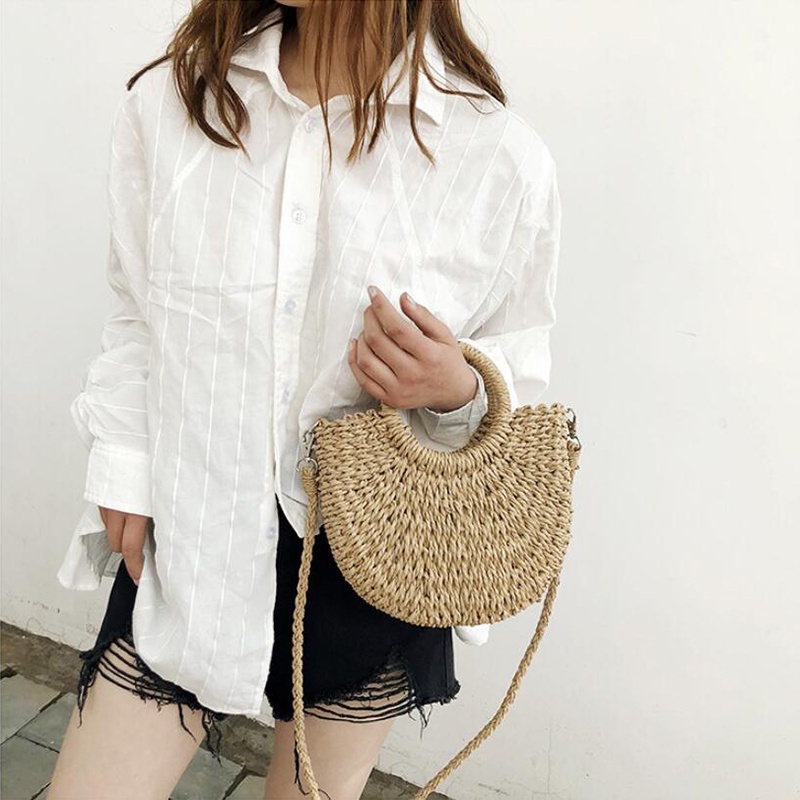 Túi cói đeo chéo - hình bán nguyệt nhỏ - quai tròn cầm tay - Size S