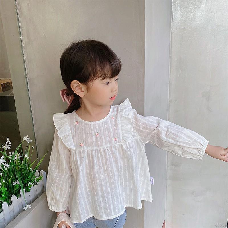 Áo tay dài cổ tròn màu trơn thêu trang trí dành cho bé gái