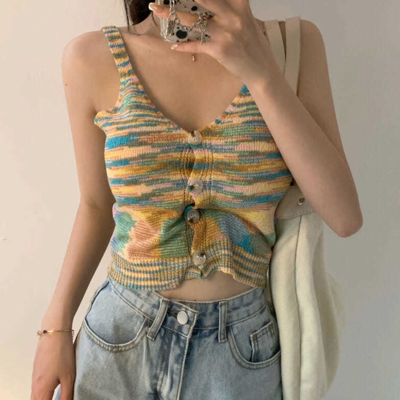 Áo Croptop Dệt Kim Hai Dây Cổ Chữ V Cài Nút Họa Tiết Kẻ Sọc Nhiều Màu Sắc Thời Trang Mùa Hè Quyến Rũ Cho Nữ