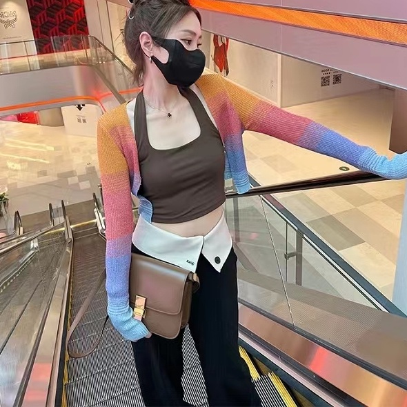 SUXI Áo Cardigan Dệt Kim Tay Dài Màu Sắc Cầu Vồng Phong Cách Vintage Dành Cho Nữ