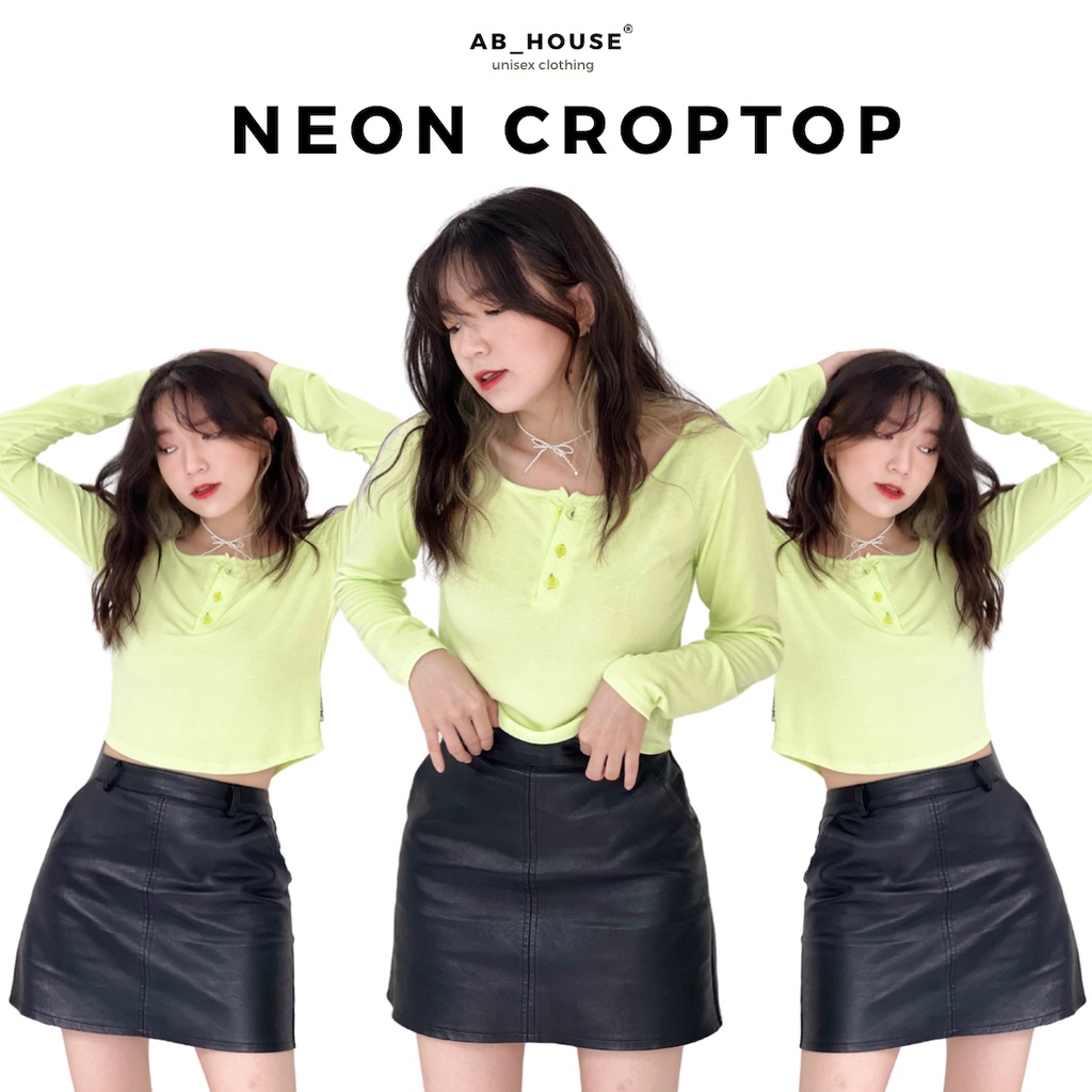 Áo croptop tay dài NEON gân lụa Ulzzang (Ảnh thật/Có sẵn)