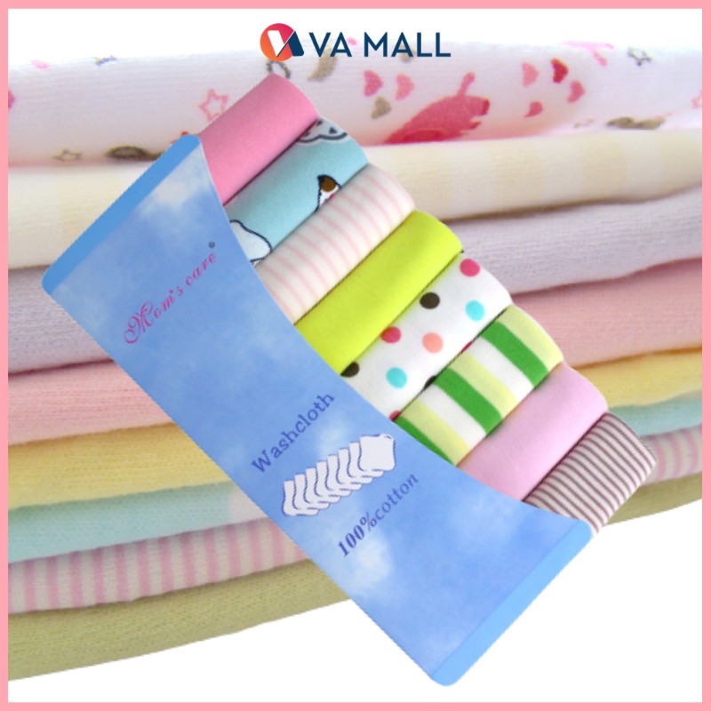 Hộp 8 khăn vuông Cotton mềm mại lau miệng cho bé họa tiết hoạt hình dễ thương