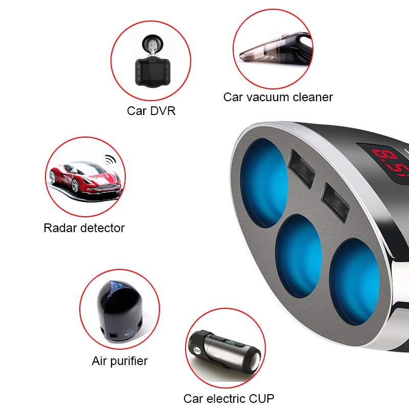 Tẩu Sạc Xe Hơi 120W 5 Cổng USB 3 Cổng Có Đèn Led Hiển Thị Vôn Kế Cho Android iPhone