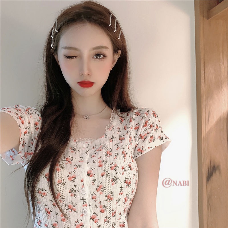 Áo thun BH tay ngắn cổ tròn phối ren hoa phong cách vintage thời trang cho phái nữ