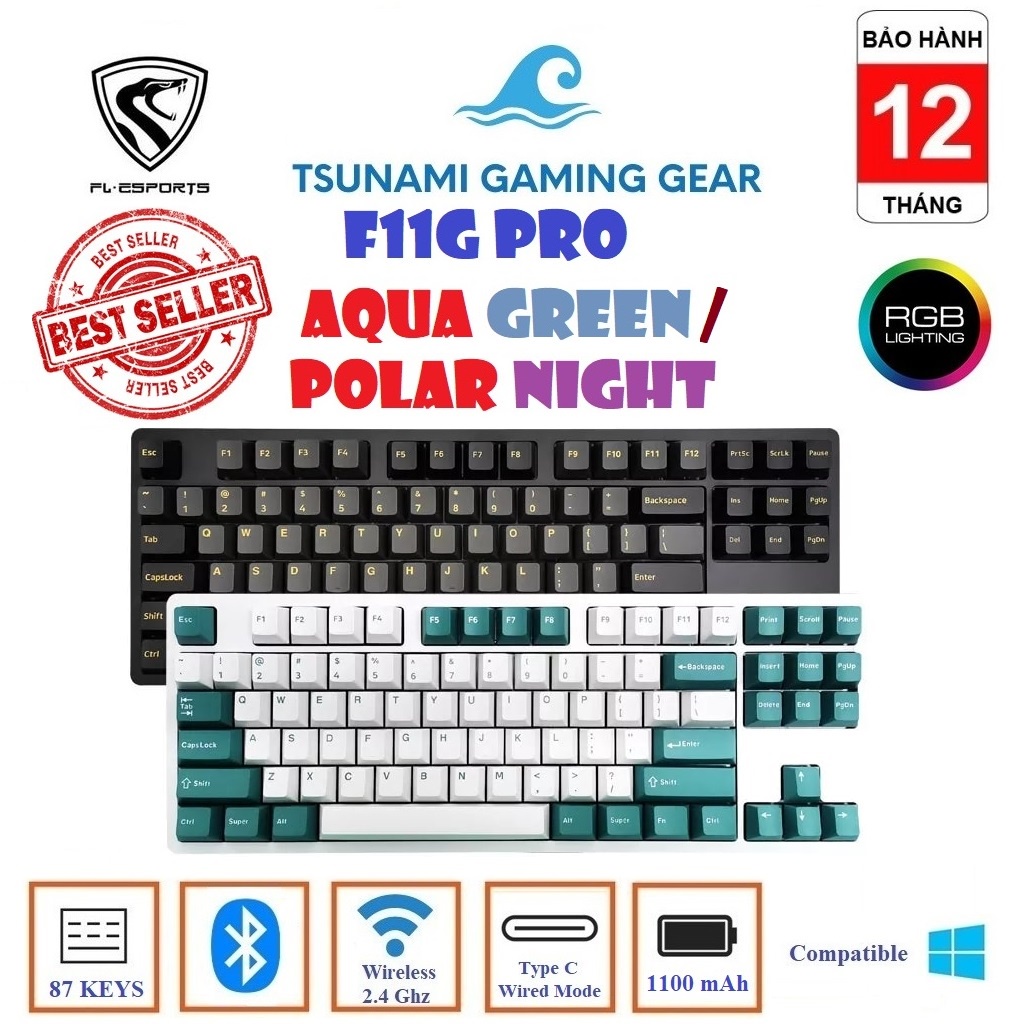 Bàn phím cơ FL-Esports F11G Pro Aqua Green/ Polar Night Black RGB/ Bluetooth / Wireless 2.4Ghz / Type C