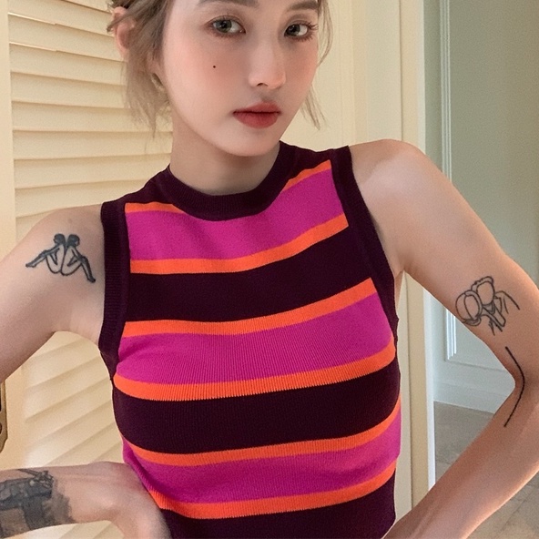 Áo sát nách ZHELIHANGFEI dệt kim họa tiết kẻ sọc ngang phong cách quyến rũ cho nữ