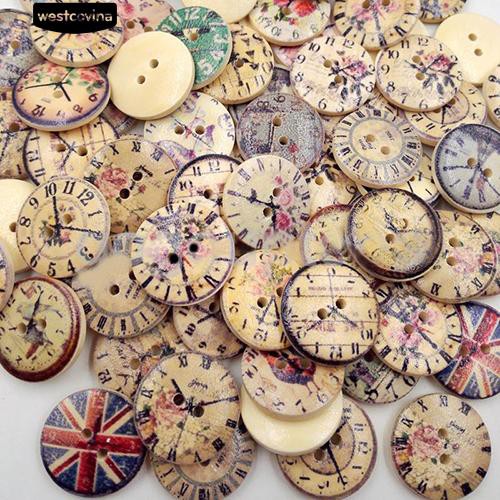 Set 50 nút gỗ hình tròn 2 lỗ họa tiết đồng hồ tự làm may vá thủ công
