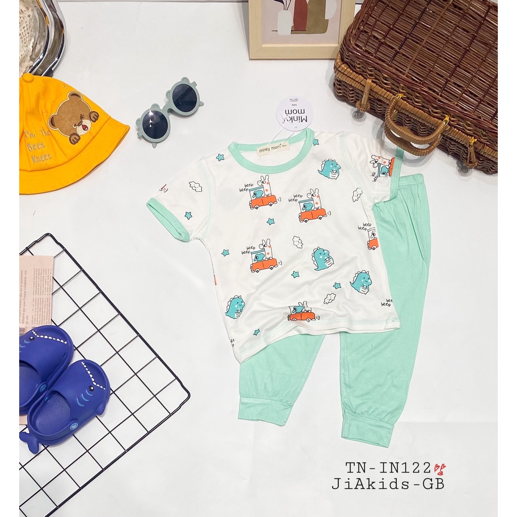 Bộ Tay Ngắn Quần Dài THUN LẠNH MINKY MOM In Thân Áo Trắng Quần Màu Cho Bé TN-IN122