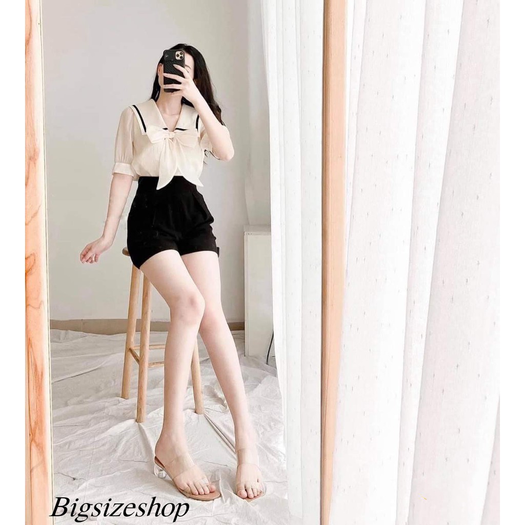 (50 - 90KG) SET ÁO TRẮNG VIỀN CỔ - QUẦN SOOC ĐEN THANH LỊCH, HACK DÁNG