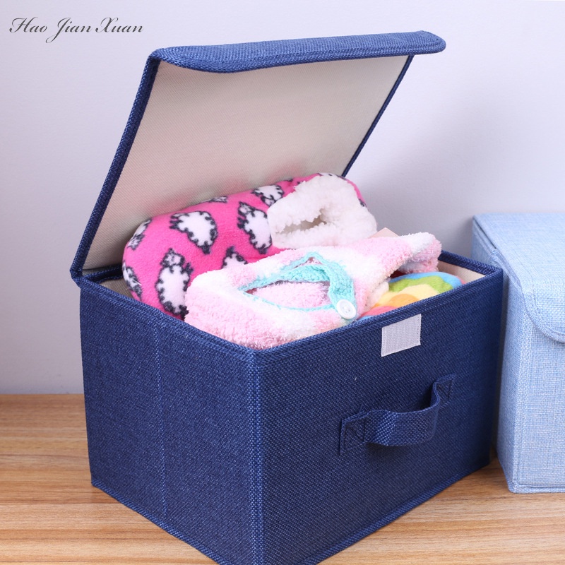 2021 New Washable Cotton Linen Fabric Folding CD Storage Box Foldable Bins Toys Organizer With Lid Storage Basket Laundry Basket