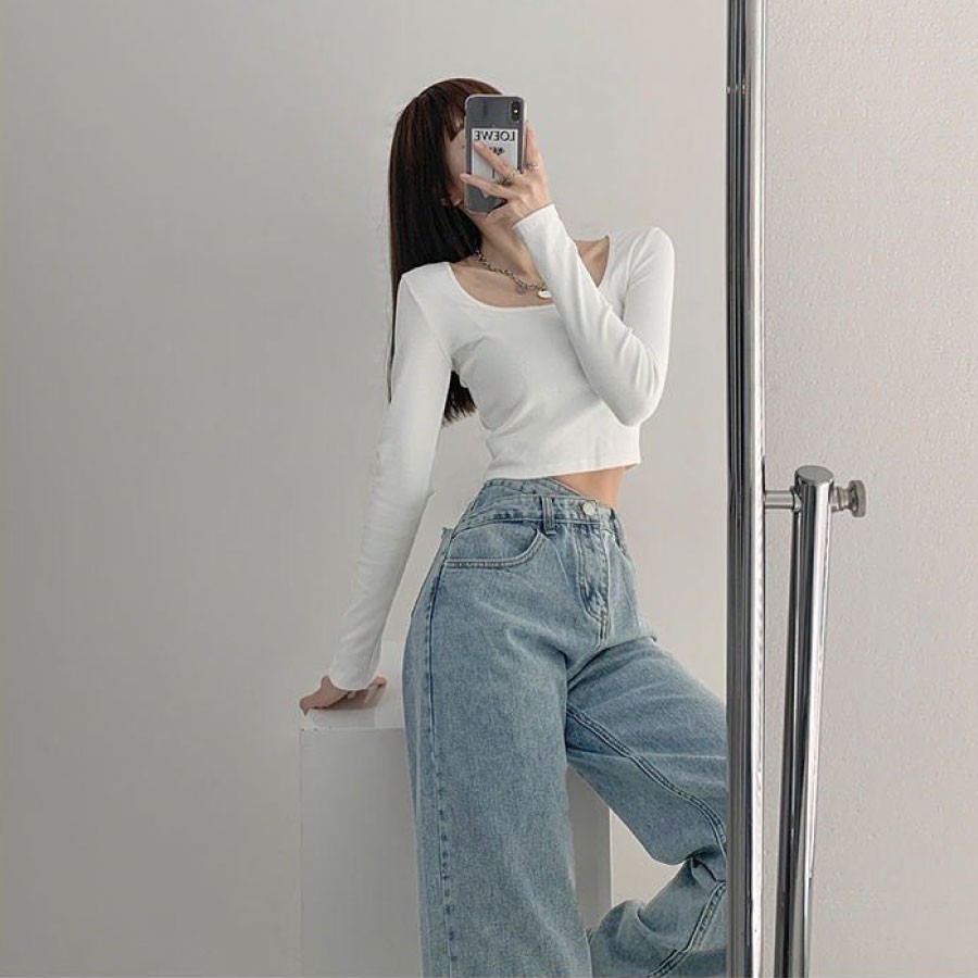 Quần Jeans Ống Rộng Cạp Chéo Kiểu Dáng Ulzzang - Quần Ống Rộng Chất Liệu Jeans Lưng Cao QD027