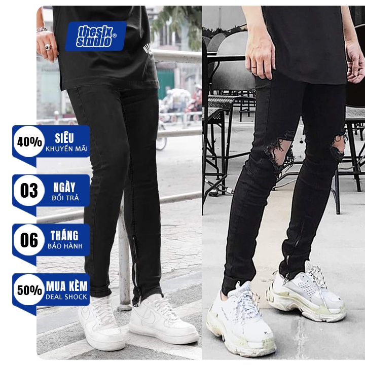 Quần jean đen nam zipper rách gối - trơn - Quần jean đen nam skinny Quần jean đen nam Thesix Studio