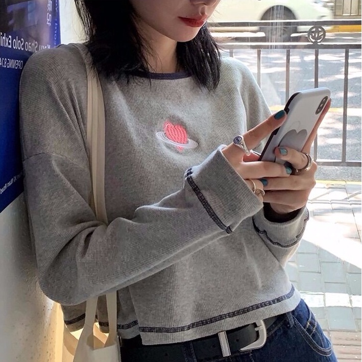 SUXI Áo Thun Tay Dài Cổ Tròn Màu Sắc Đơn Giản Cho Nữ