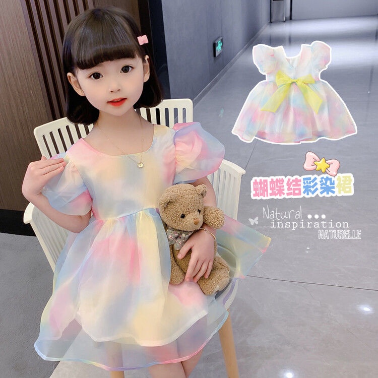 Đầm Công Chúa Tay Phồng Ngắn Thắt Nơ Màu Cầu Vồng Gradient Thời Trang Mùa Hè Hàn Quốc Hàng Mới Dành Cho Bé Gái 2023