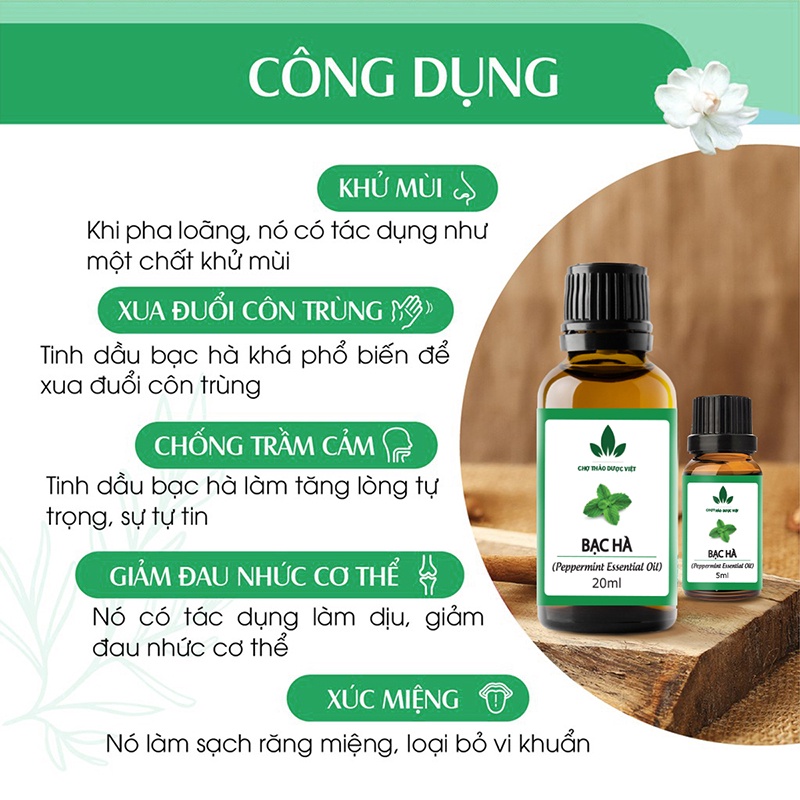 Tinh dầu Bạc Hà nguyên chất 20ml, đuổi muỗi, côn trùng, khử mùi, thơm phòng, treo xe - Chợ Thảo Dược Việt