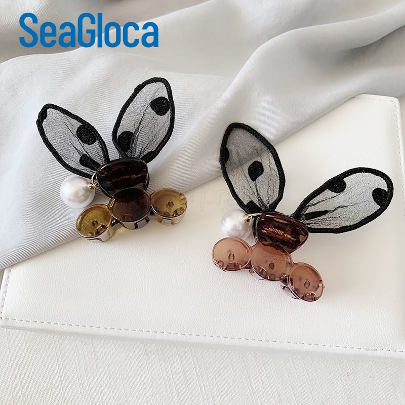 Kẹp tóc Seagloca hình tai thỏ dễ thương chất liệu ren đính ngọc trai giả họa tiết chấm bi
