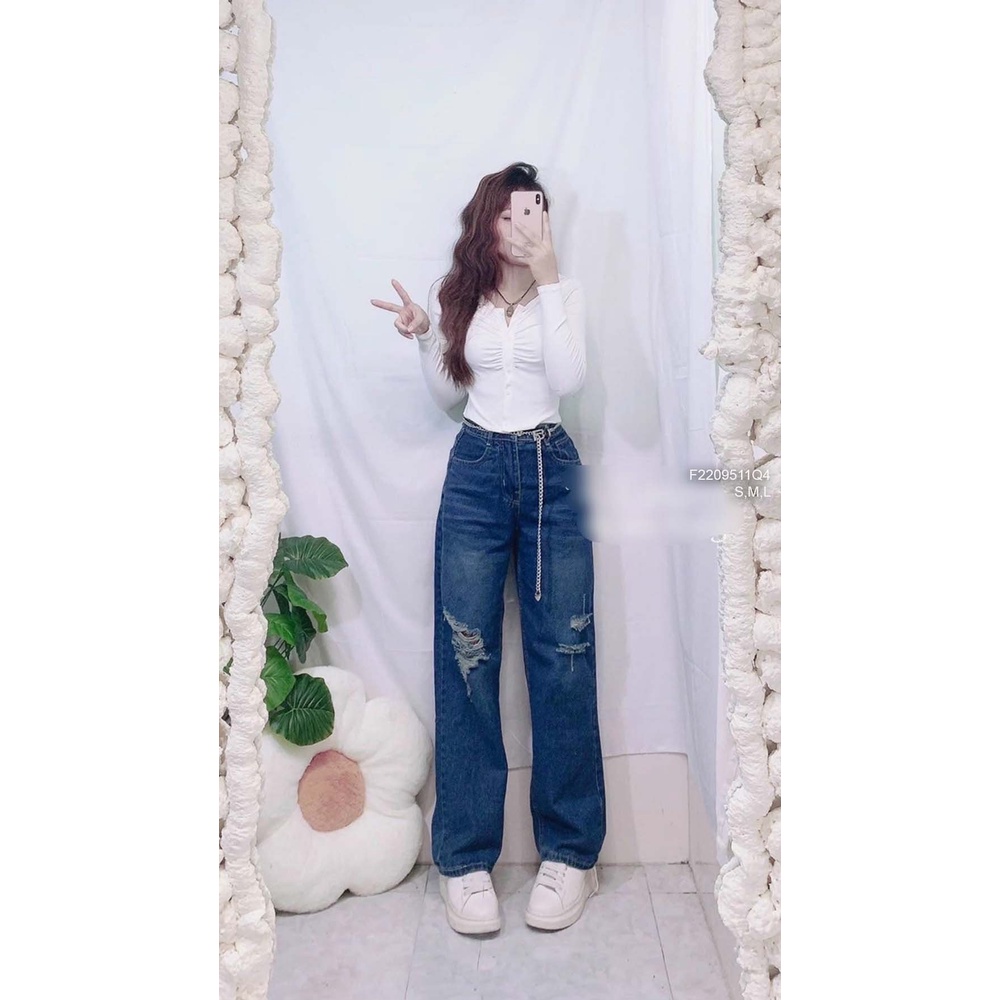 Quần jean ống suông mài rách đùi hai bên dáng dài lưng cao hàng đẹp!