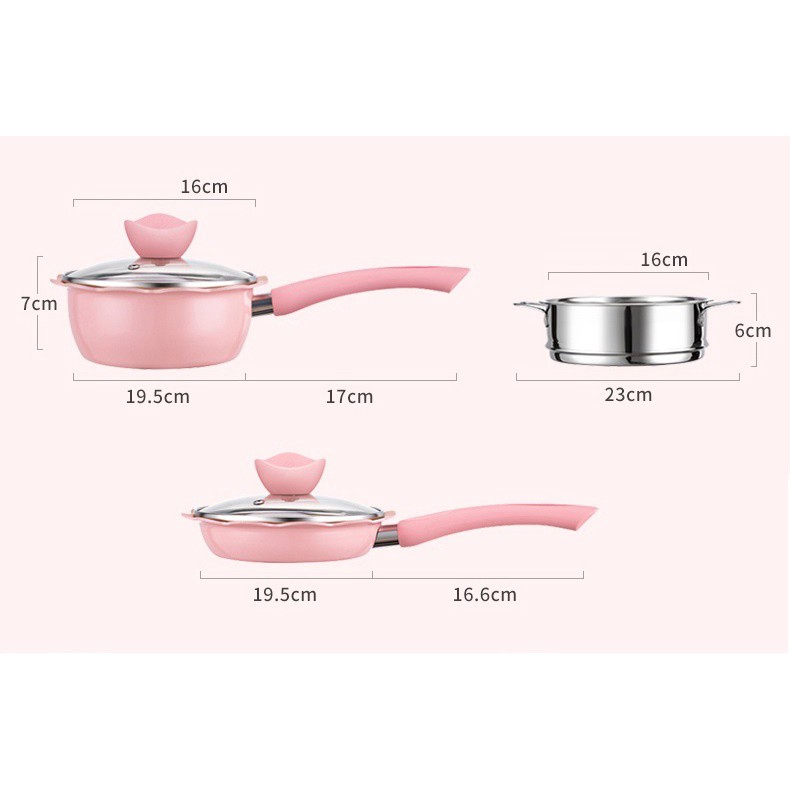 Bộ Nồi Chảo Nấu Đồ Ăn Dặm Cho Bé Kèm Xửng Hấp, Dụng Cụ Nấu Đồ Ăn Dặm Chống Dính Đáng Yêu