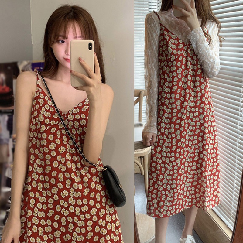 Đầm Midi Nữ Cổ Chữ V Hở Lưng In Hoa Gợi Cảm
