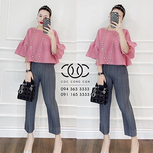 Set bộ đồ nữ áo kiểu tay xòe phối quần ống rộng dập ly