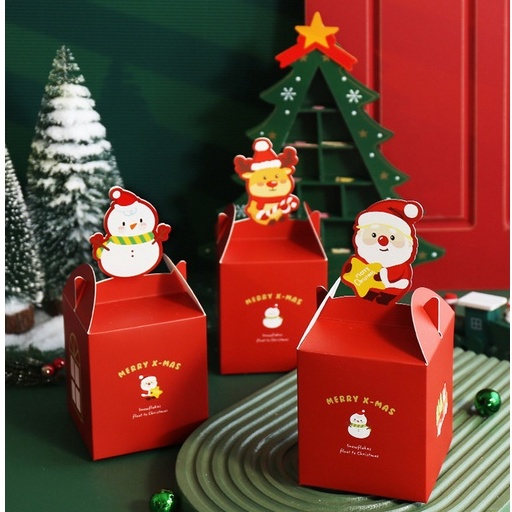 Hộp đựng quà Giáng sinh mini nắp cài vuông 8,5cm, hộp giấy quà tặng Noel người tuyết, cây thông cute