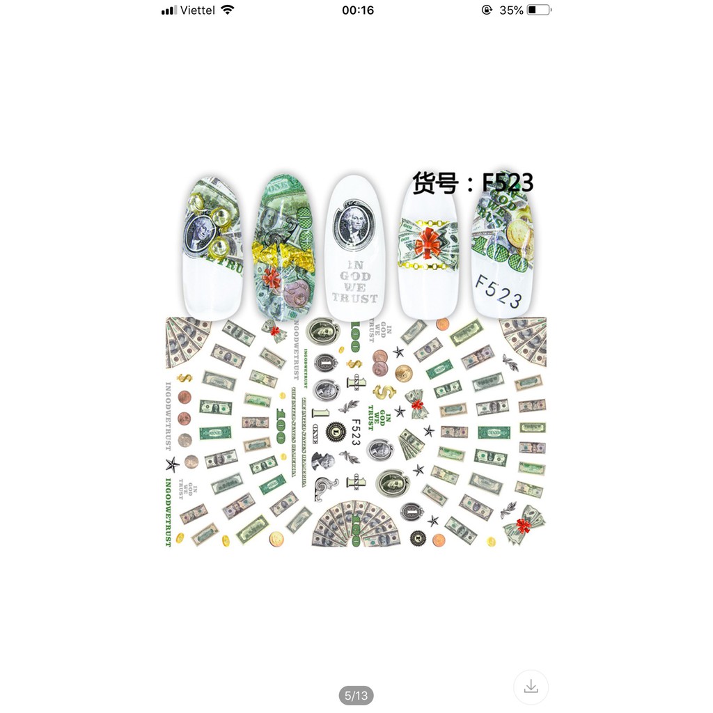 Sticker trang trí mẫu nail Mã F523, Mẫu Tiền Đô