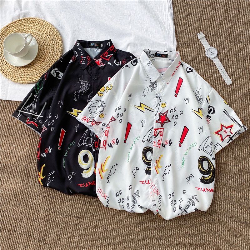 Korean Asymmetrical Children Cartoon Pattern. Trendy Hawaiian Style Floral Loose Shirt