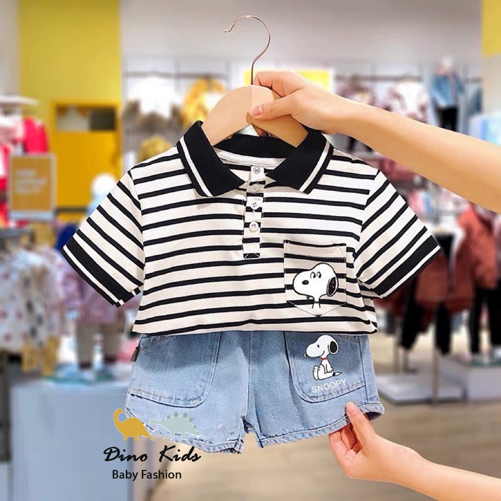 Bộ quần áo cộc tay bé trai, set bộ quần áo polo họa tiết chú chó Snoopy kèm quần short jean cho bé