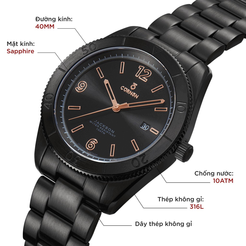 Đồng hồ nam Curnon Jackson Lava dây kim loại chính hãng - thiết kế thể thao, đếm giờ | BigBuy360 - bigbuy360.vn