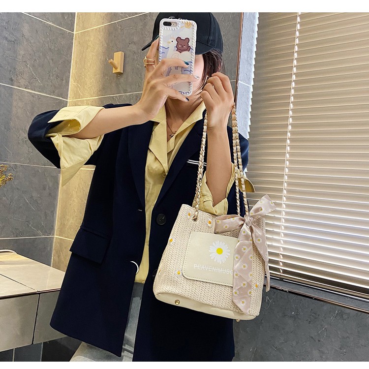 [Mã FAMAYWA2 giảm 10K đơn 50K] Túi cói hoa cúc họa mi phối nơ-Túi cói đeo vai Hàn Quốc - Túi cói đi biển | BigBuy360 - bigbuy360.vn