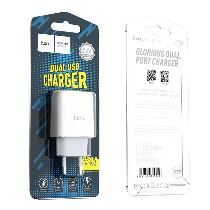 Củ Sạc Nhanh HOCO 73A 5V 2.1A Cục Sạc Mini Với 2 Đầu USB Cốc Sạc Du Lịch Cho Samsung OPPO Xiaomi iPhone