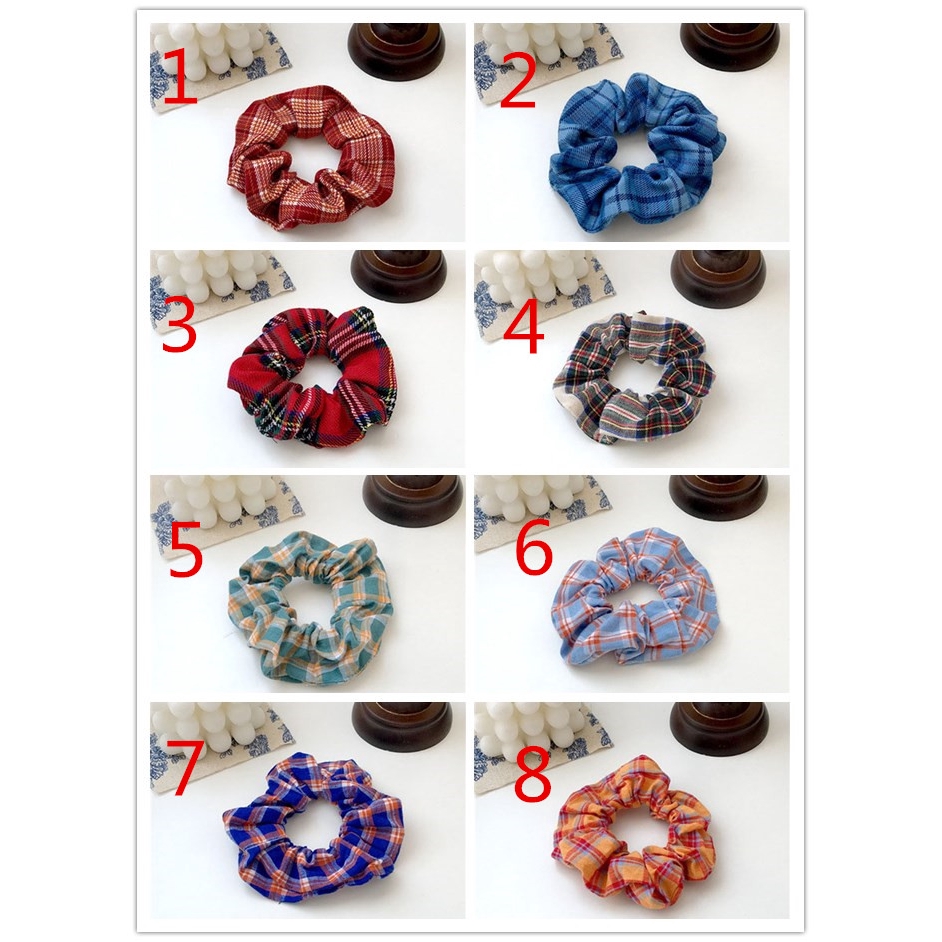 Blue Plaid Hair Circle French Retro Ponytail Hair Rope Hair Accessories Girl